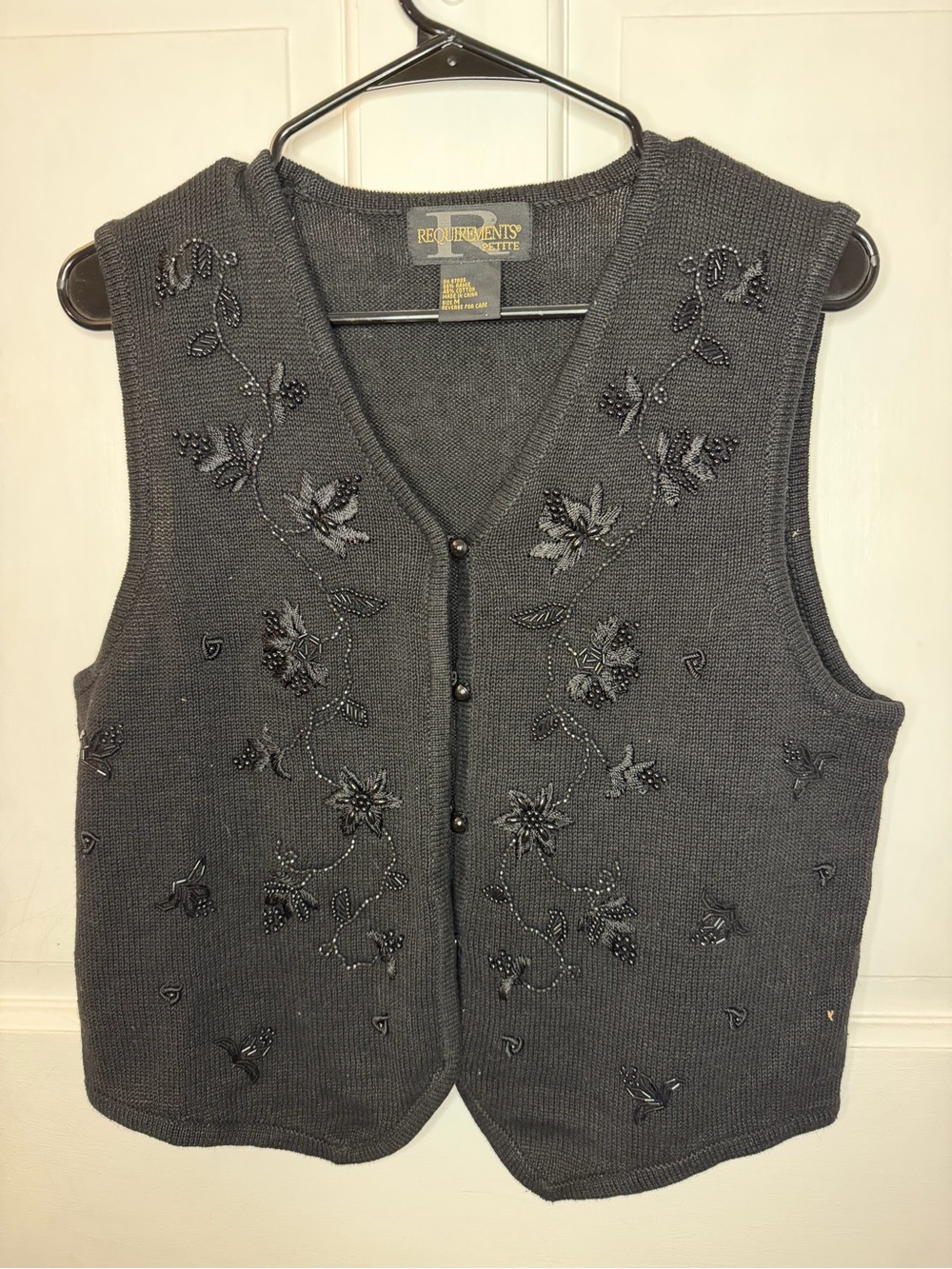Requirements Petites M Black Knit Sweater Vest V-Neck Button Beaded Floral